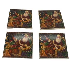 Lot Of 4 Christmas Santa Claus Ceramic Drink Cocktail Coasters Cork Bottom